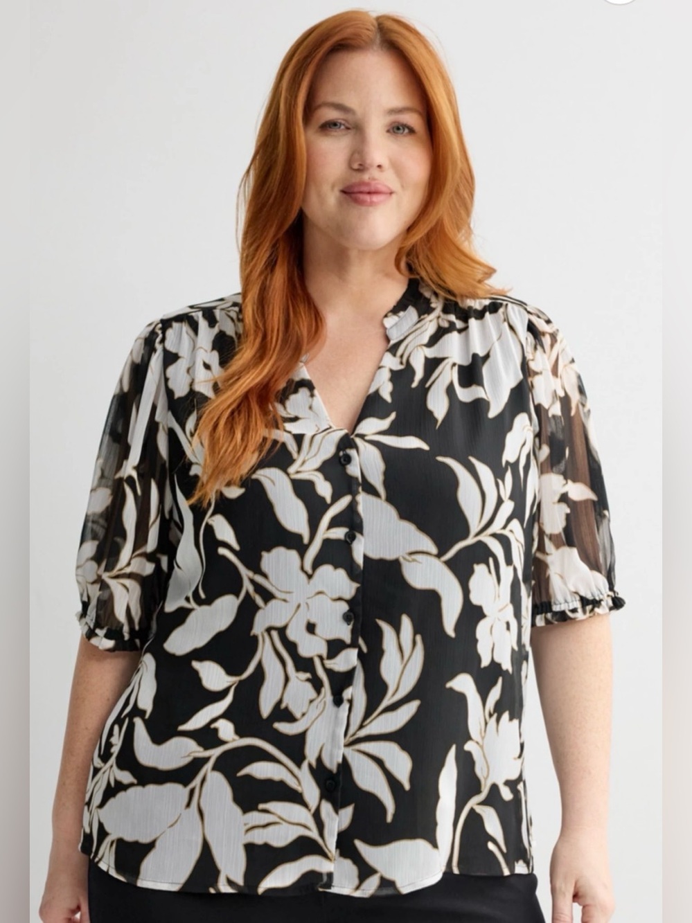 Nine West Black Floral Ruffle Button Down Shirt Blouse Plus Size 2X